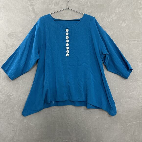 Fridaze Top Turquoise Blue Linen Popover Blouse XL Lagenlook Asymmetric Artsy - Picture 1 of 9